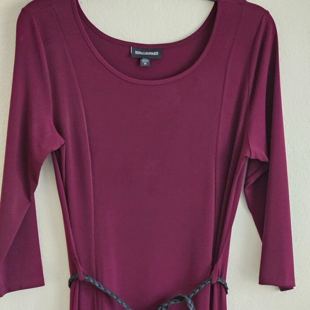 Nina Leonard dark red Burgundy Holiday dress 3/4 sleeve black belt M - Picture 2 of 5